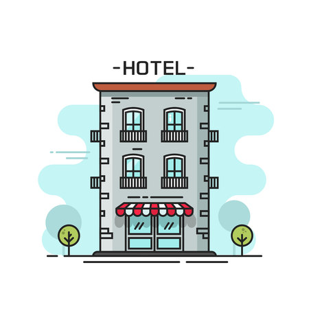 80568687 hotel edificio ilustraci%c3%b3n de vector l%c3%adnea contorno plano estilo de cart%c3%b3n de vista de la calle